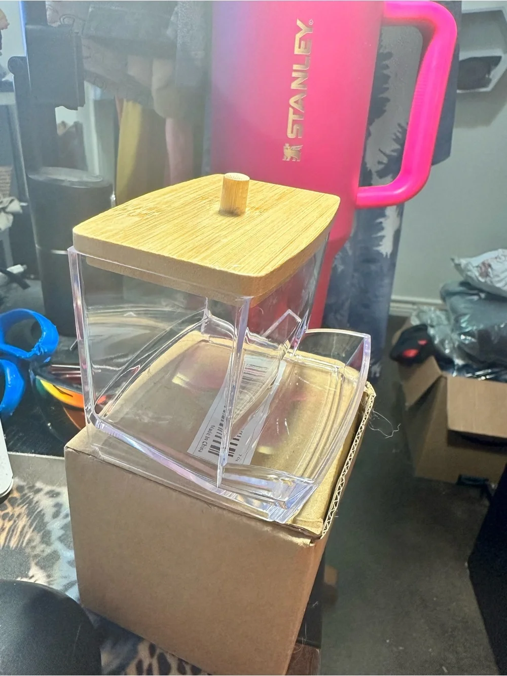 Acrylic Cotton Swab and Q-Tip Dispenser with Bamboo Lid